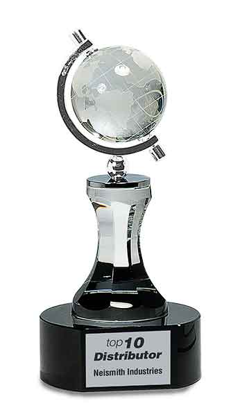 8 1/2" Crystal Spinning Globe with Clear Tower on Black Base Corporate Awards - Premier Crystal Awards - Globe