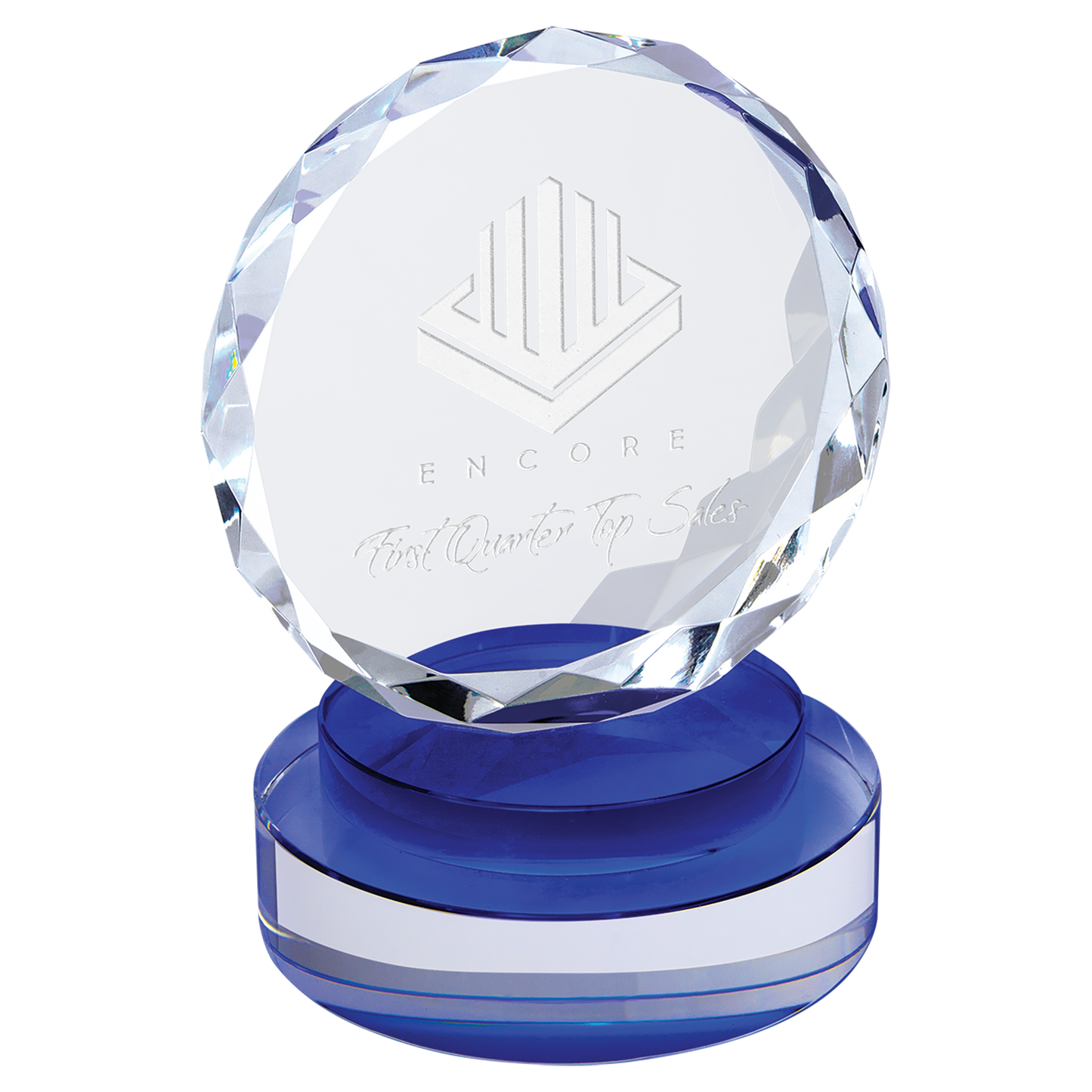 5" Round Facet Crystal on Blue & Clear Round Base Corporate Awards - Premium Crystal Awards