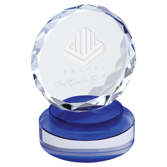 5" Round Facet Crystal on Blue & Clear Round Base Corporate Awards - Premium Crystal Awards