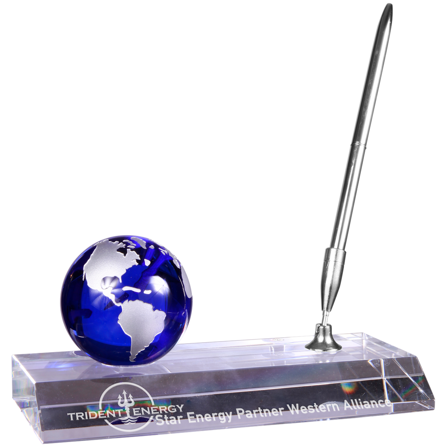 7" x 3" Blue Crystal Globe with Base and Pen Corporate Awards - Premier Crystal Awards - Globe
