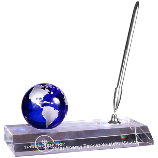 7" x 3" Blue Crystal Globe with Base and Pen Corporate Awards - Premier Crystal Awards - Globe