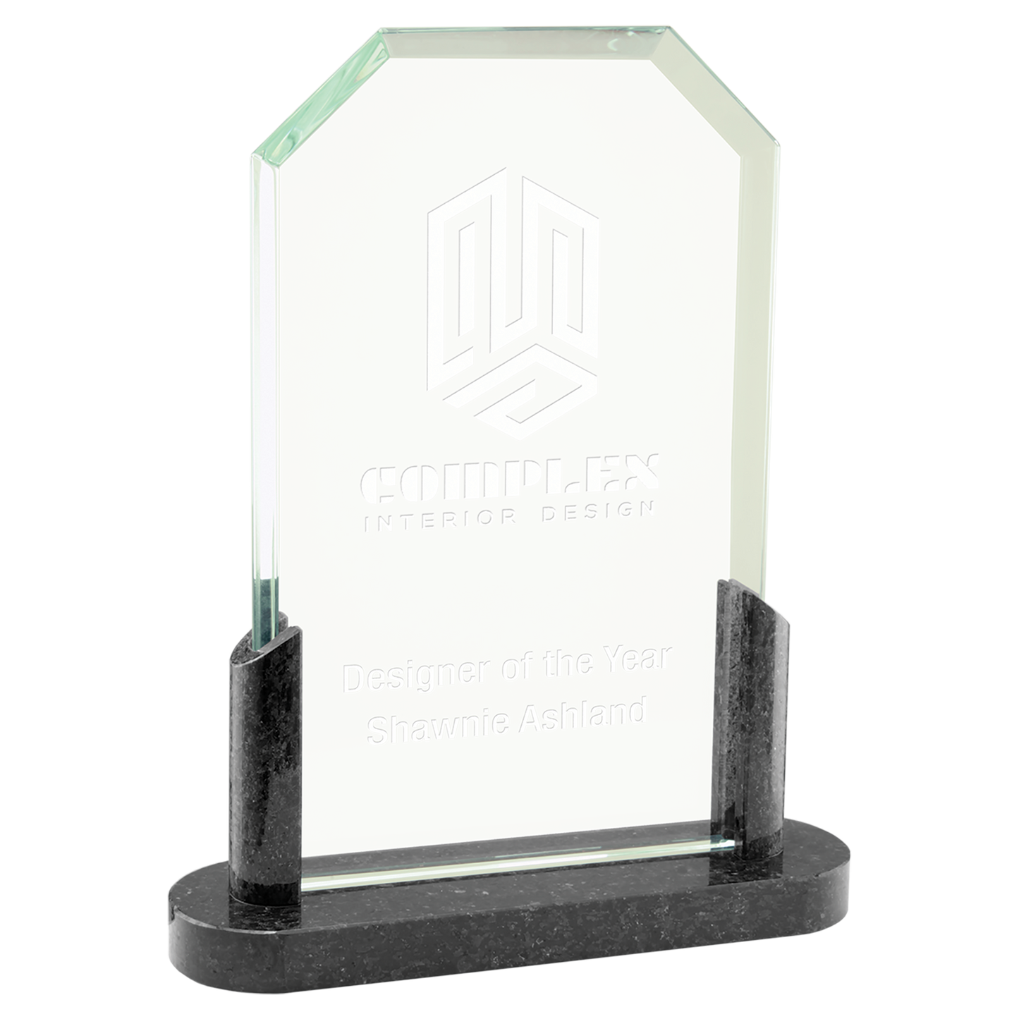 7 3/4" Clipped Corners Glass with Black Marble Base Corporate Awards - Glass Awards